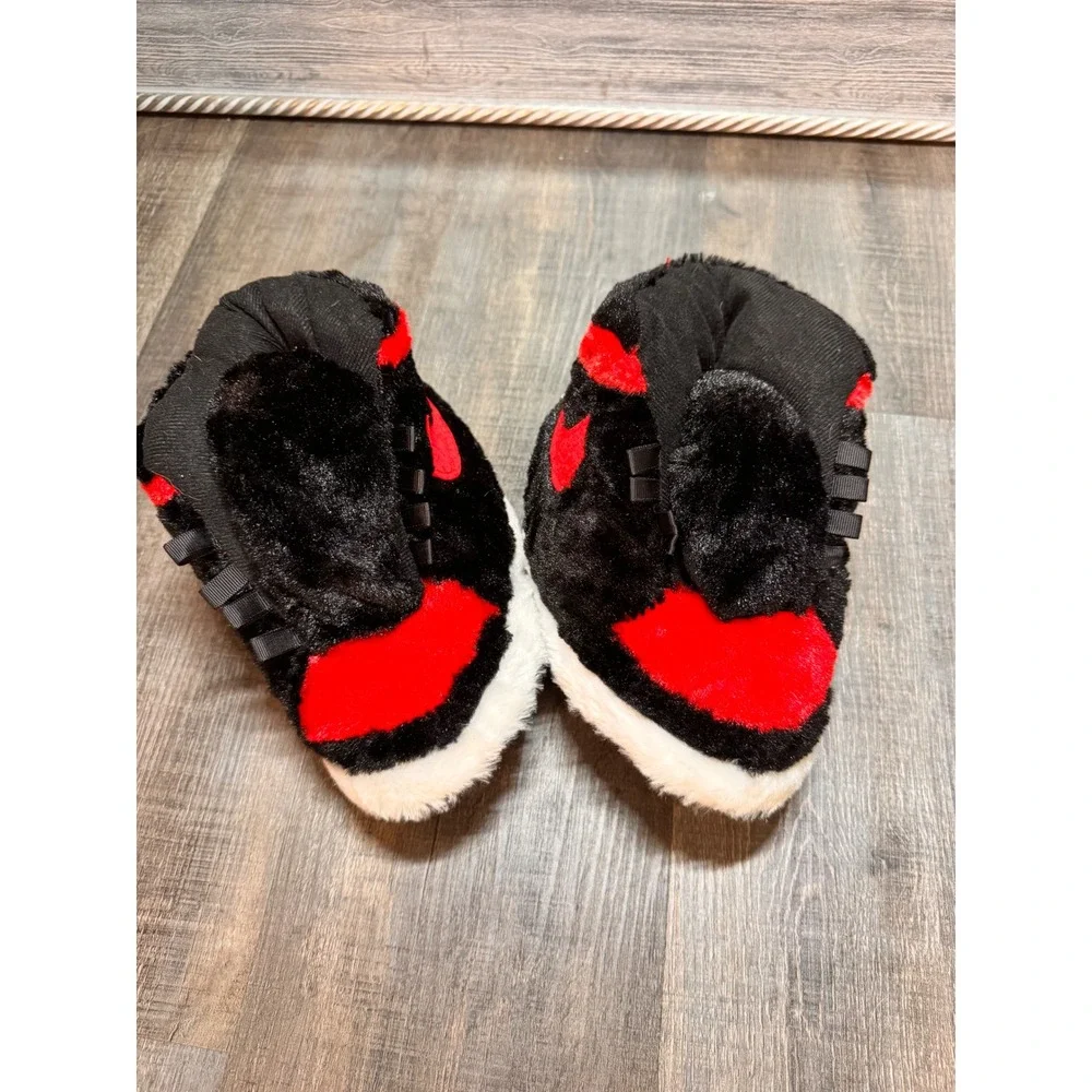 Jordan Kids Plush Sneaker Slippers Red Black High Top Fuzzy House Shoes
